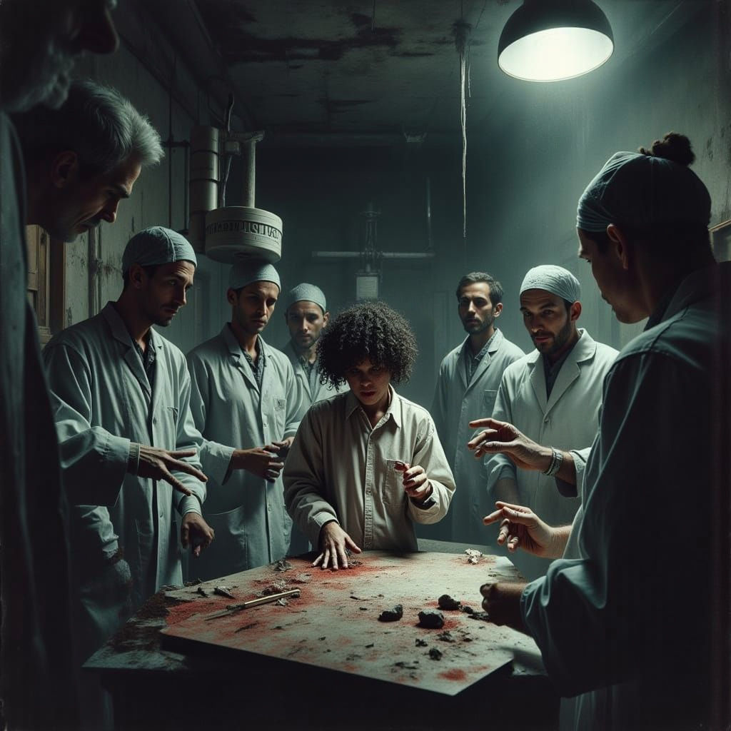Concerned Doctors Examine Boy in Rustic Operating Theater