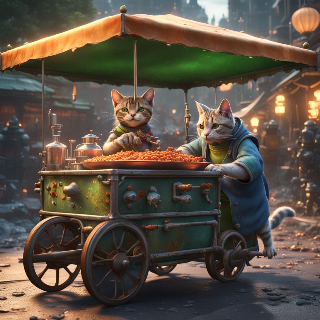 Cyberpunk Cat Grandmother Serves Frog Stew