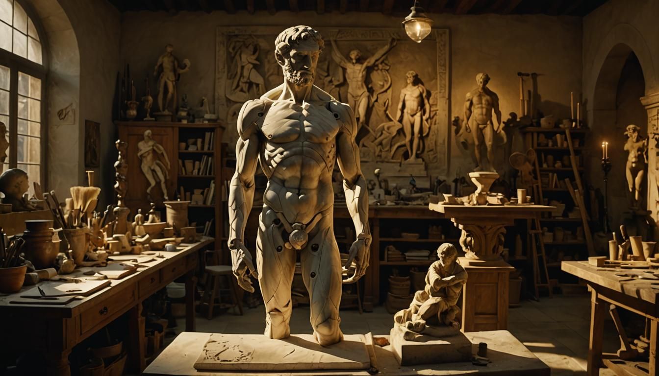 Michelangelo's Renaissance Workshop: Cinematic Film Still