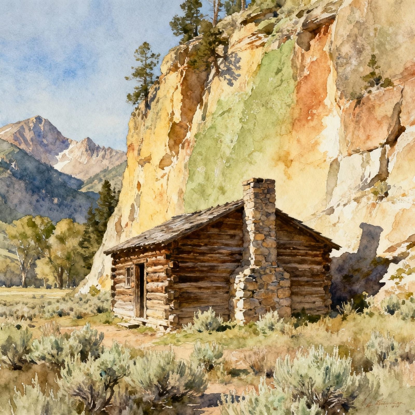 Wild West Log Cabin Against Cliff Face in Valley Watercolour