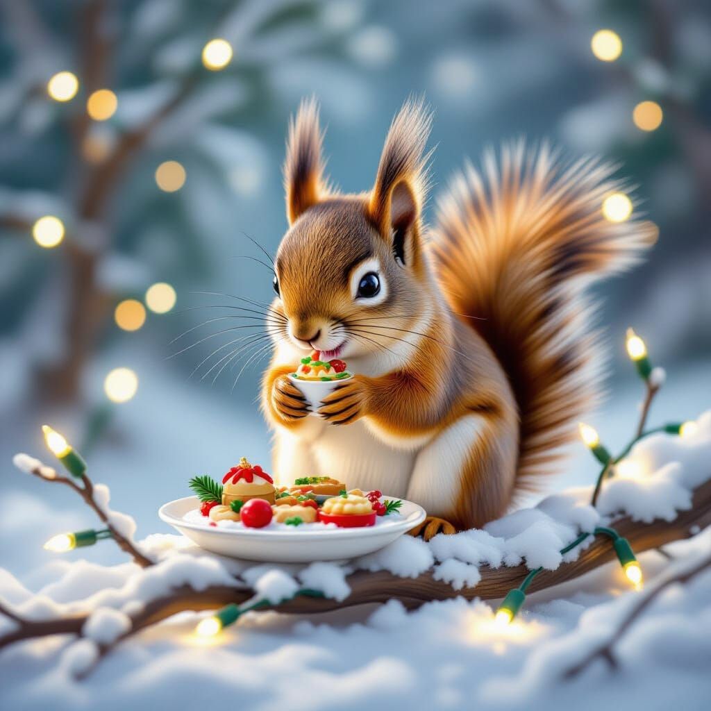 Adorable Squirrel Enjoys Miniature Christmas Dinner