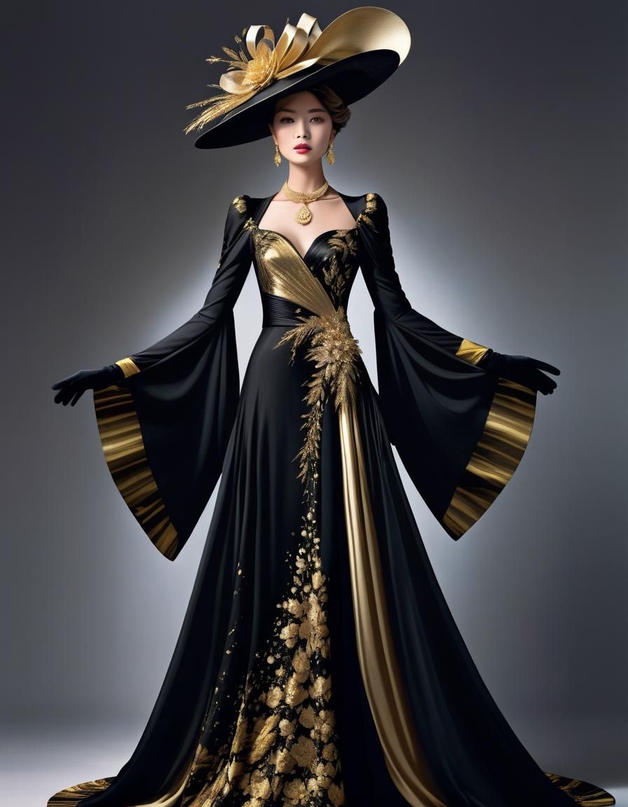 Woman in Flowing Black and Gold Gown