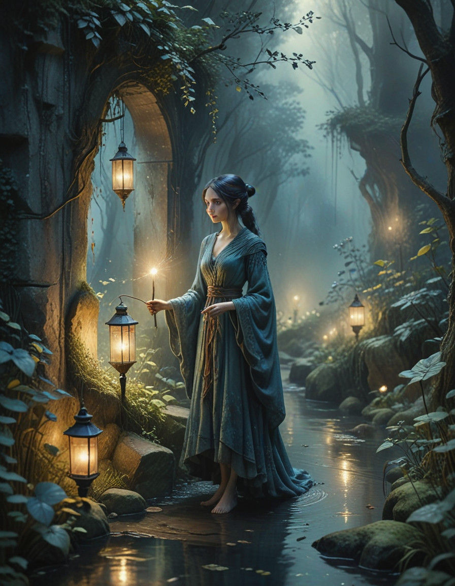 Ethereal Elf Witch in Mossy Stone Passage