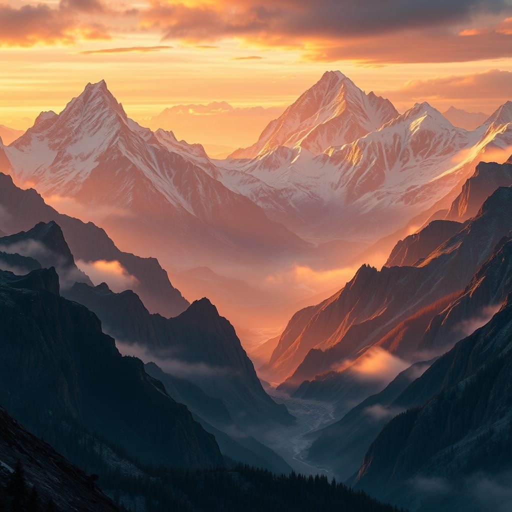 Majestic Mountain Range at Dawn in Vibrant, Hyper-Realistic....