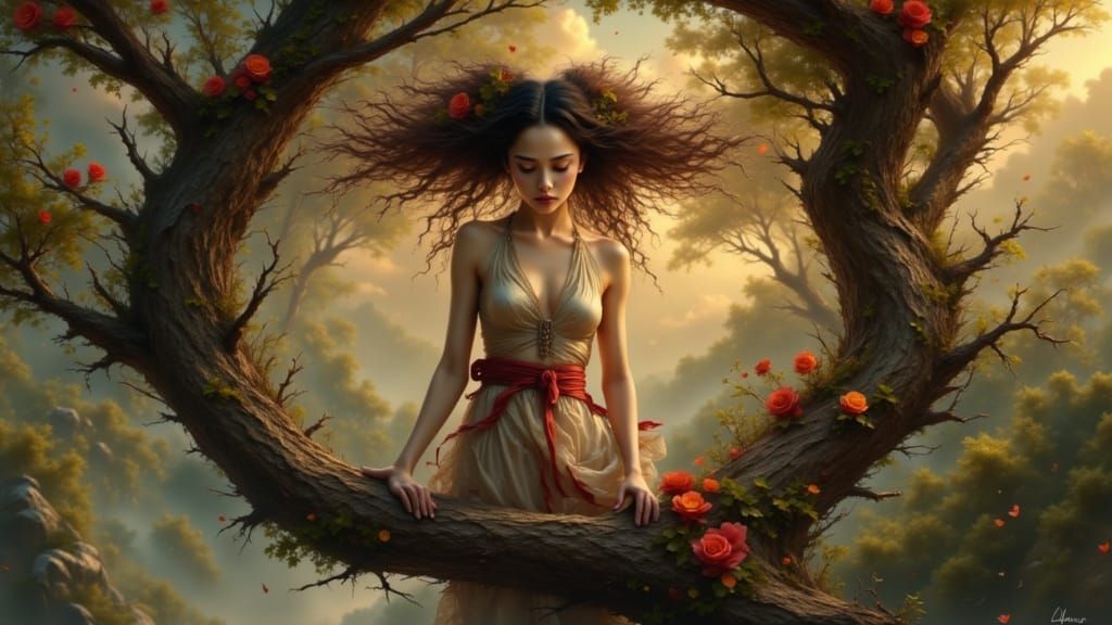 Figure on Tree Branch: Dynamic Lighting Concept Art