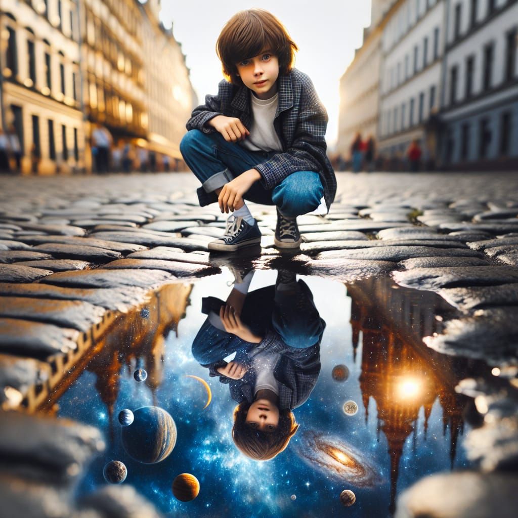 Boy, Puddle, and Astronaut Reflection