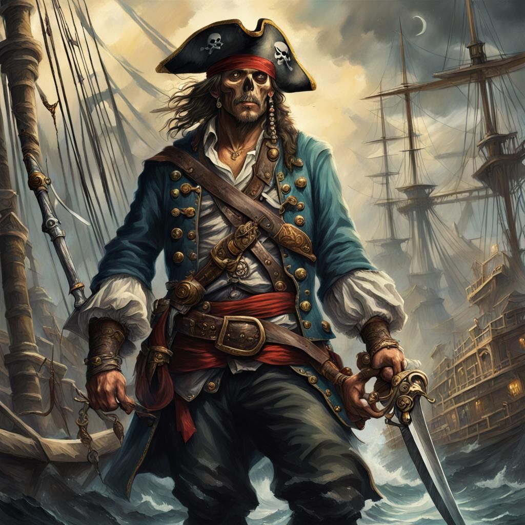 Skull-Headed Pirate Concept Art in Hyperrealistic Style