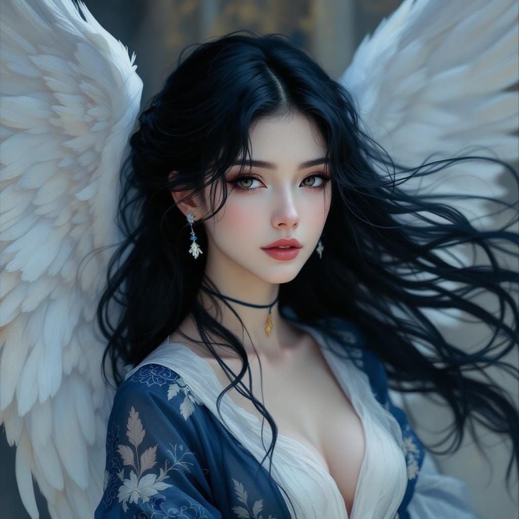 Angelic Woman with Dark Hair in Art Nouveau Style