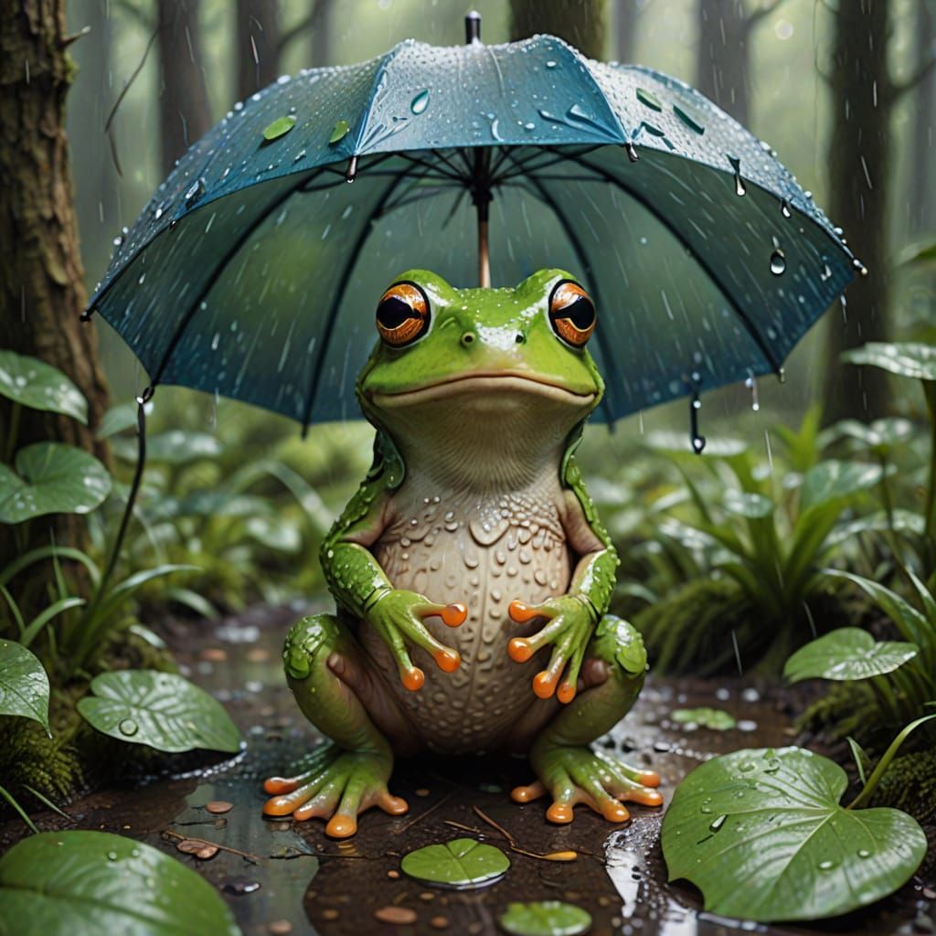 Whimsical Woodland Frog Holding Umbrella in Rainy Day