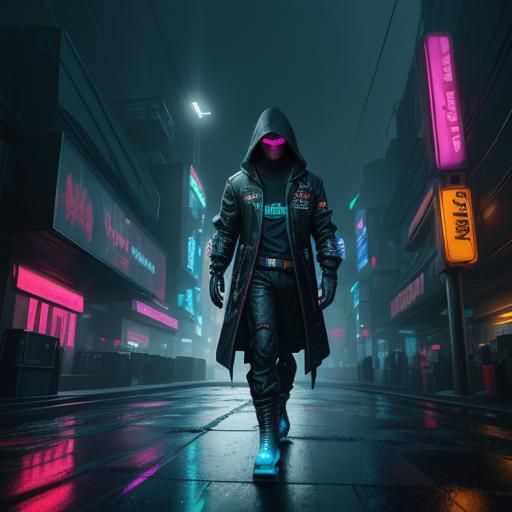 Cyberpunk 2099: Figure Gazing at Holographic Advertisement