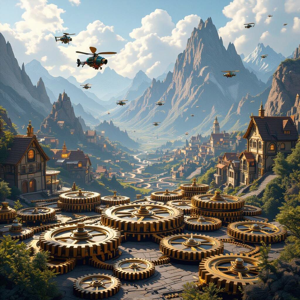 Fantastical Gear Landscape with Mountain Houses