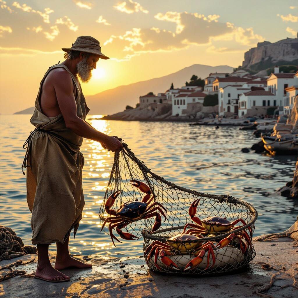 Antiquity Fisherman with Crabs in Golden Hour Light