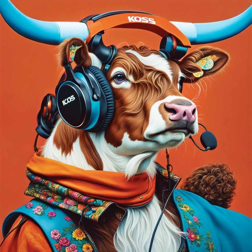 Cow in 1970s Fashion with Vintage Koss Headphones