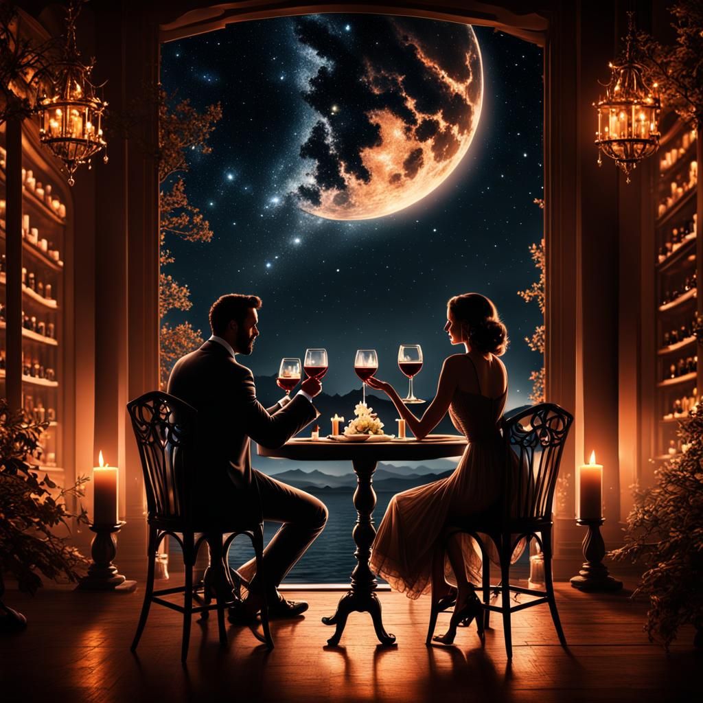 Romantic Candlelit Dinner Under Galaxy: Digital Matte Painti...