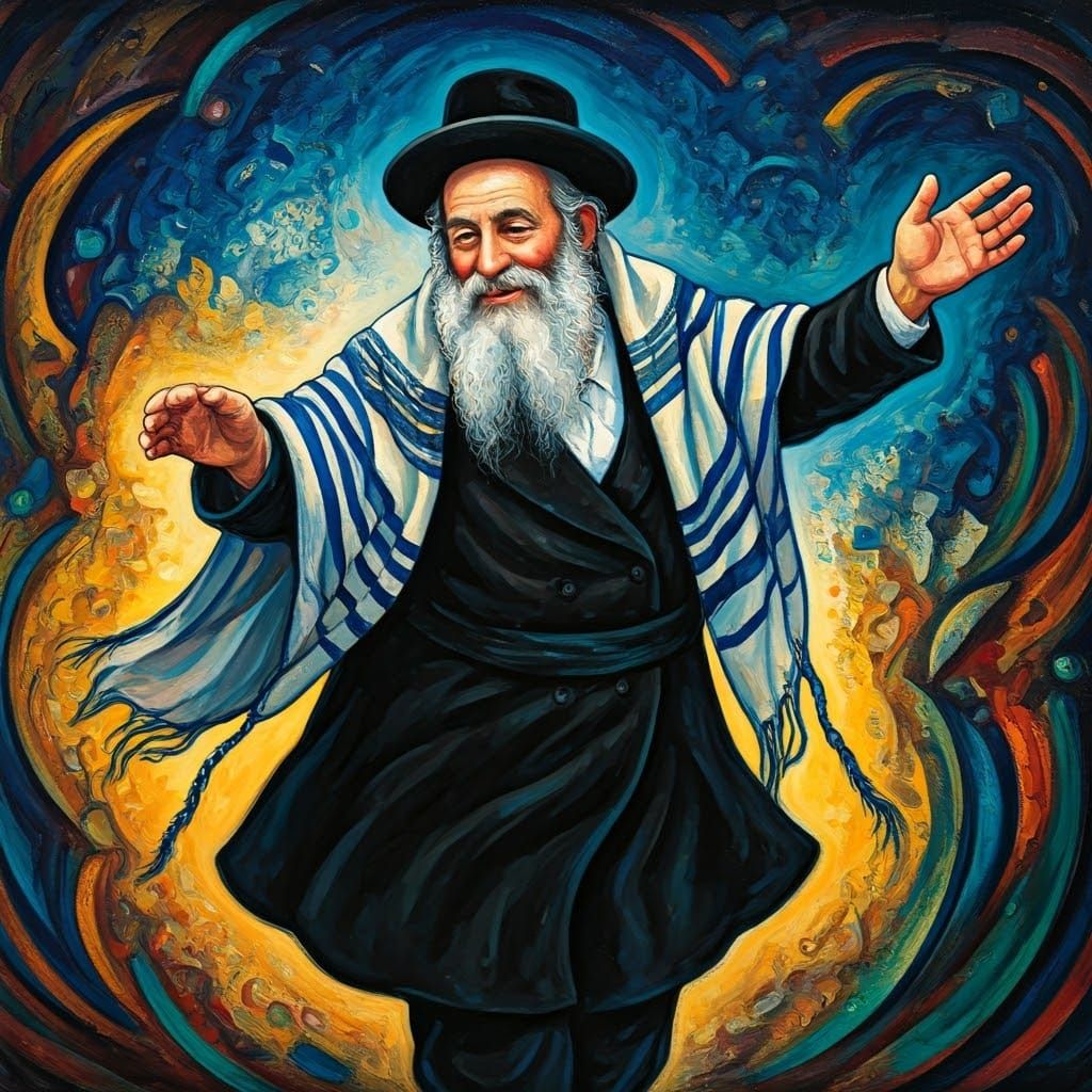 Rabbi Dancing with Joy in Dreamlike Setting