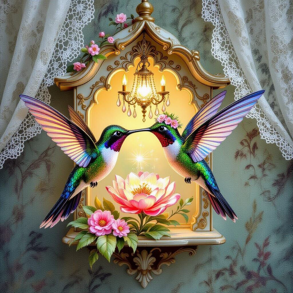 Glass Hummingbird in Birdhouse, Splash Art Style