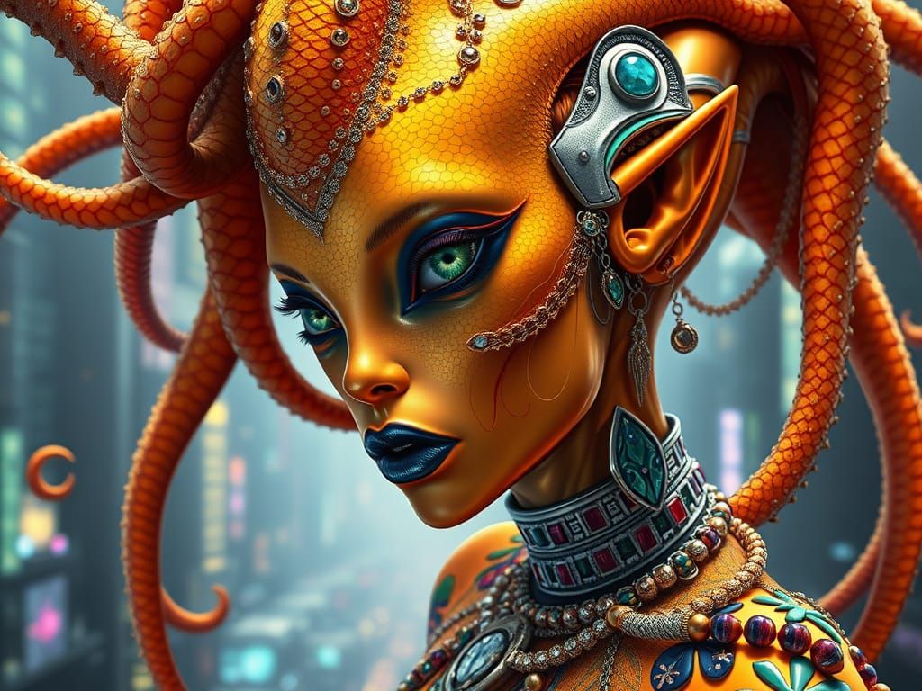 Cyberpunk Alien Goddess in Synthwave Arcology City