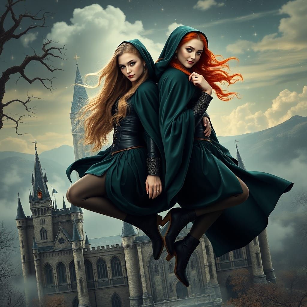 Gothic Twins Casting Spells Above Ancient Castle