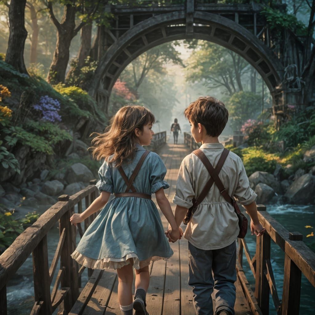 Children Crossing Bridge in Cinematic Style