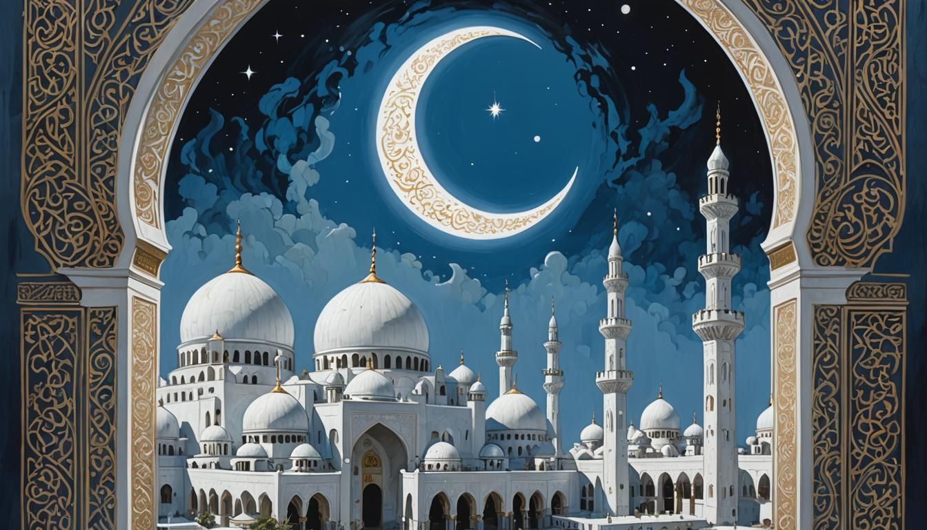 Mosque and Crescent Gouache Painting in Dark Fantasy Style