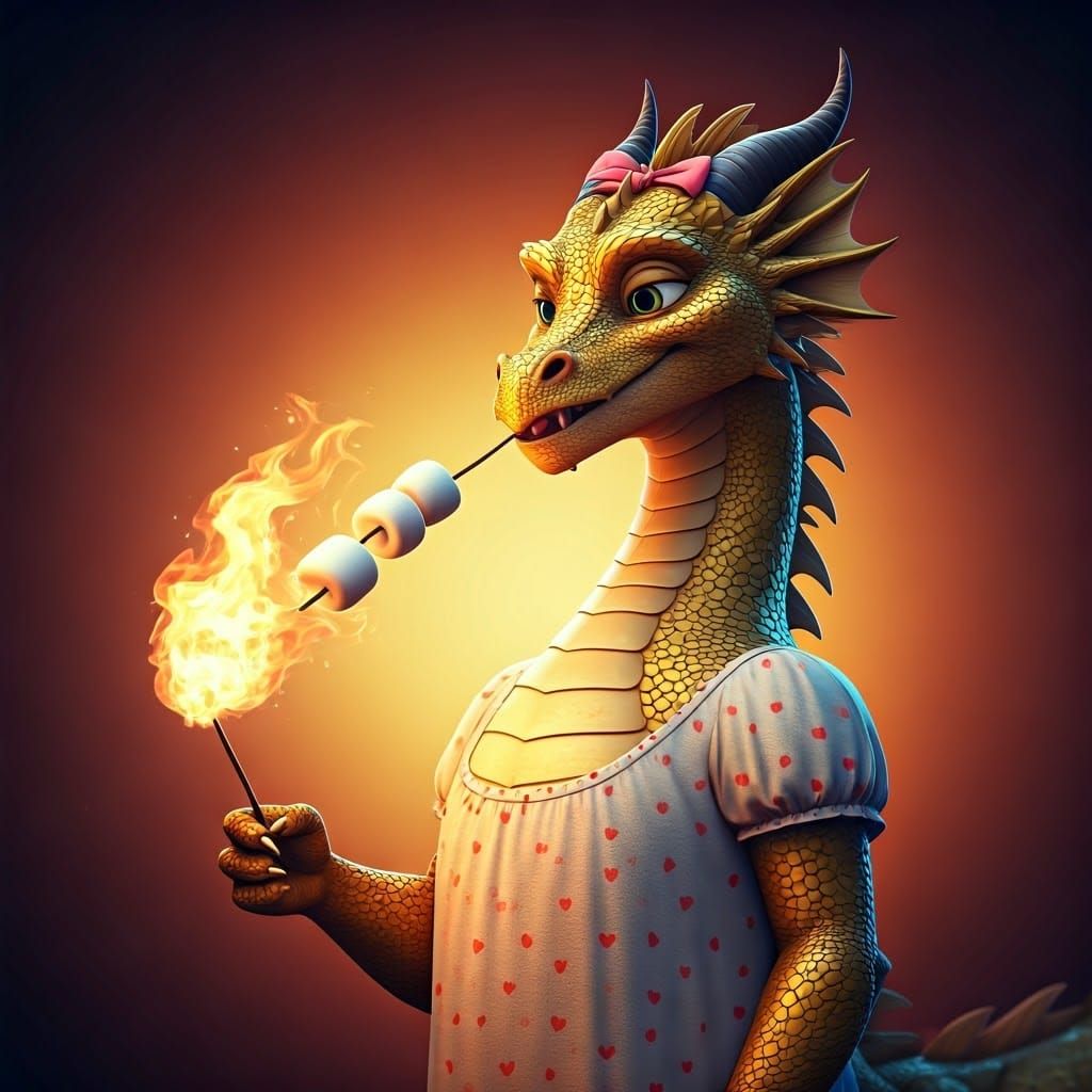 Sweet Auntie Dragon Roasting Marshmallows: Pixar Style