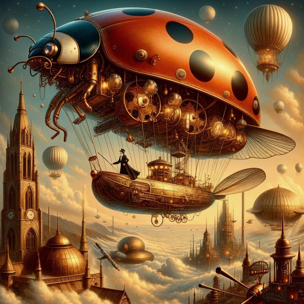 Steampunk Ladybug Airship Over Utopian City