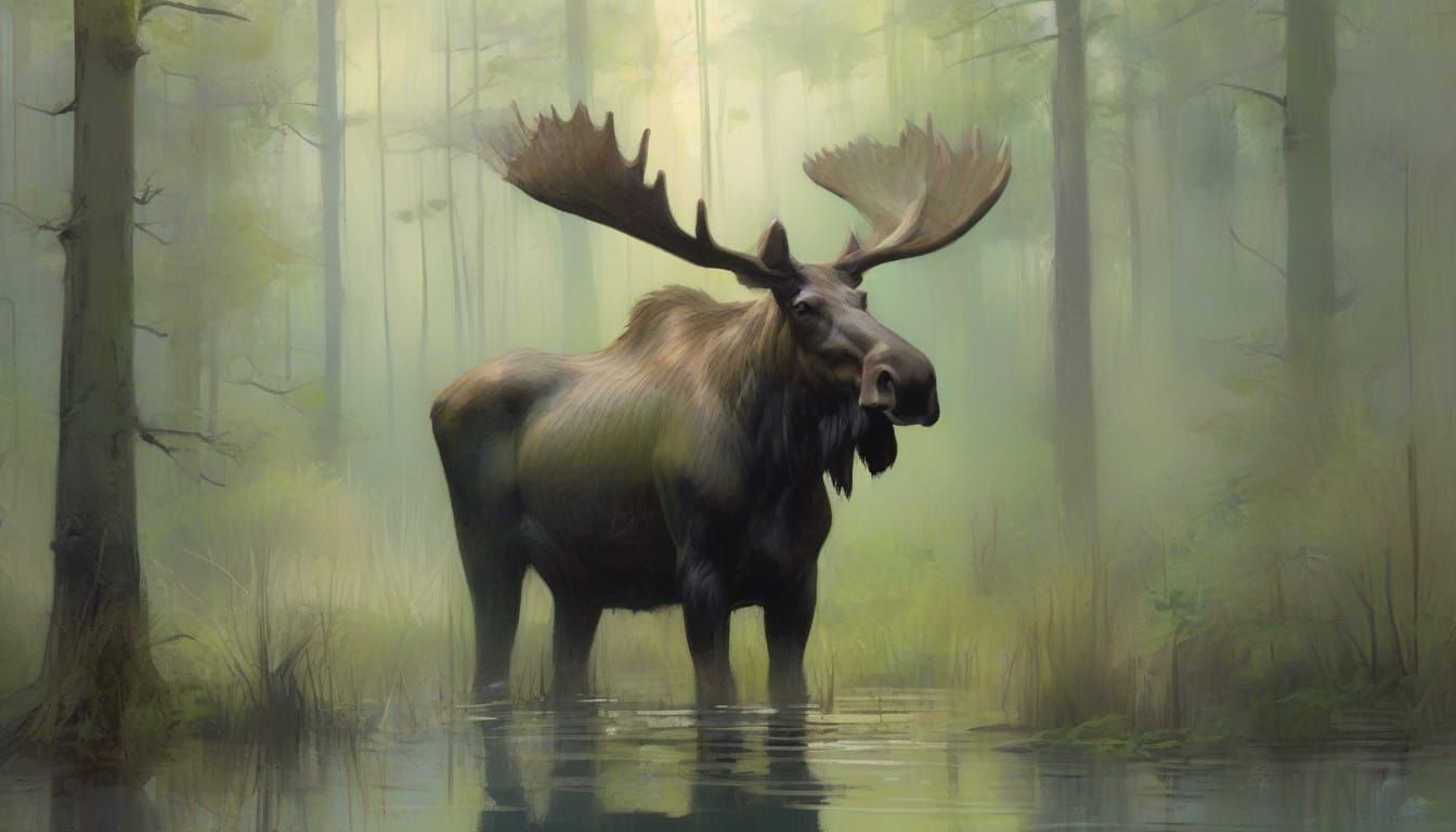 Moose in a misty swamp