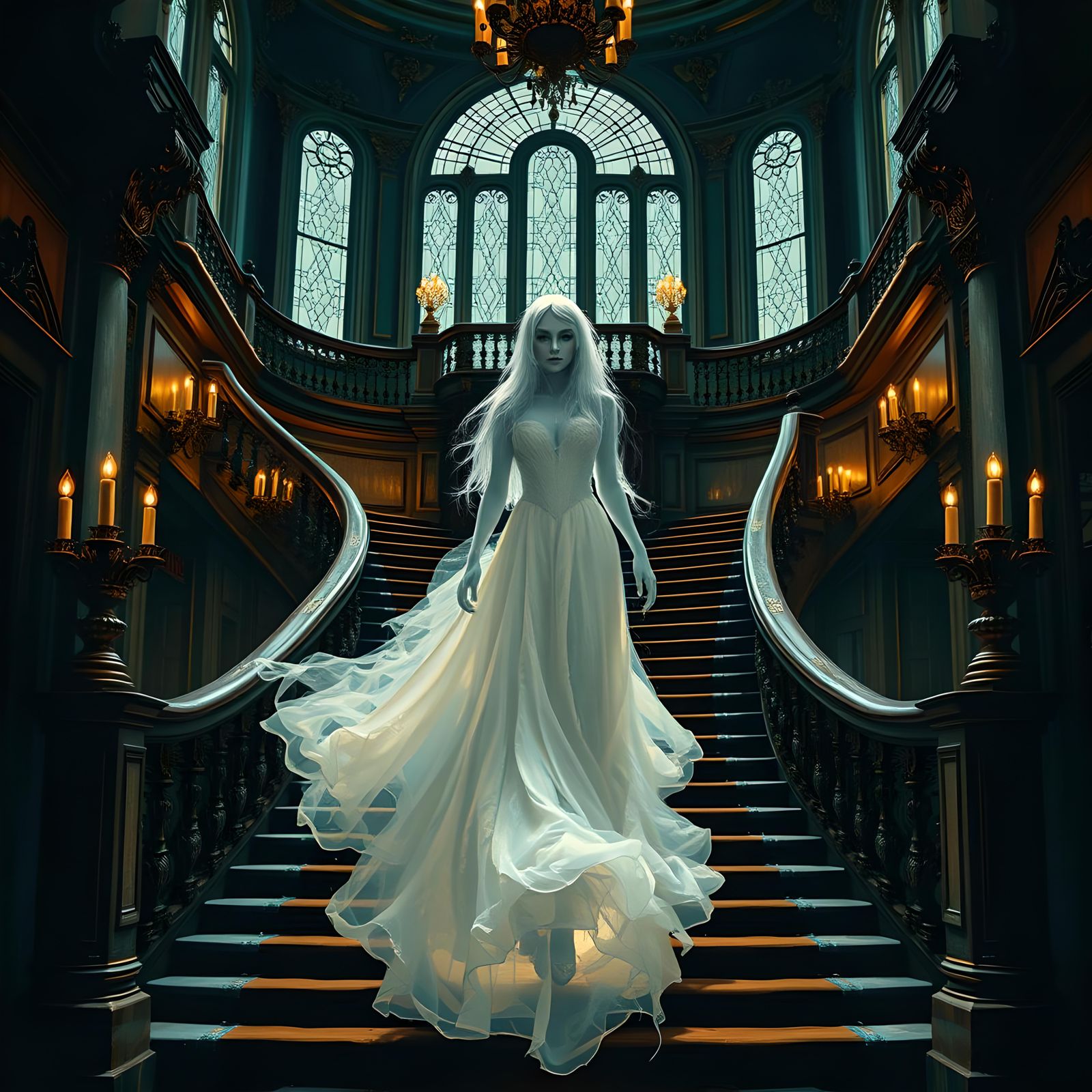 Ethereal Lady Descending Grand Staircase in Haunted Mansion