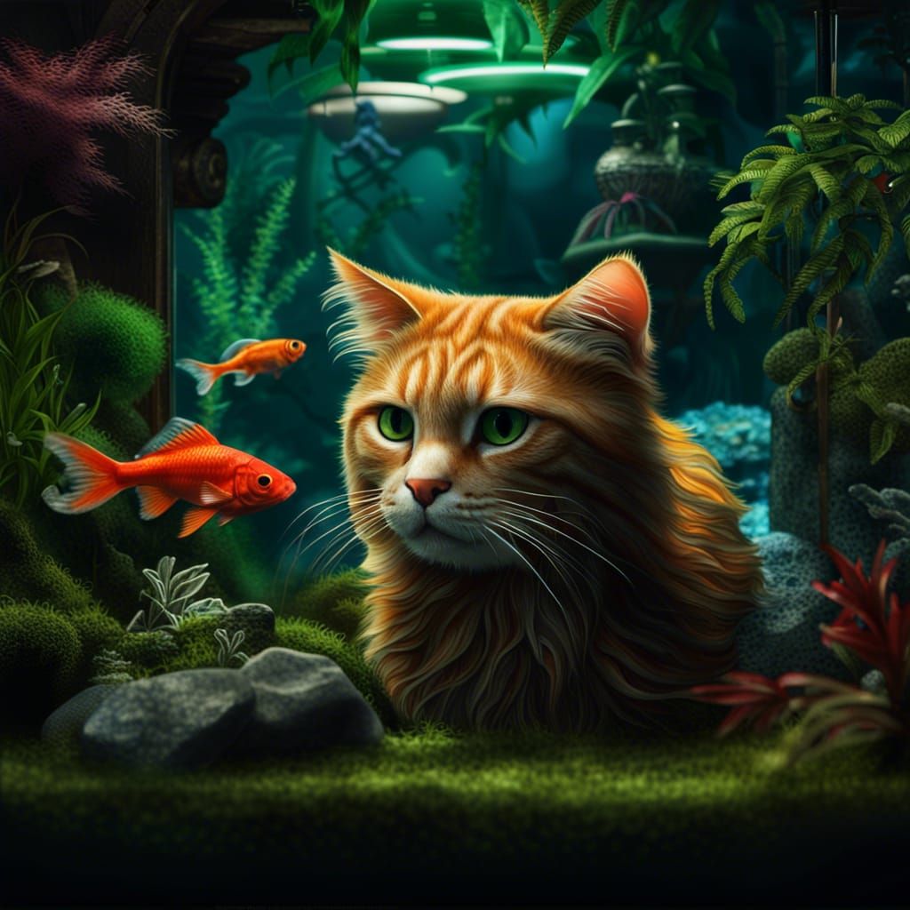 Cat Watching Fish in Vivid Aquarium Painting