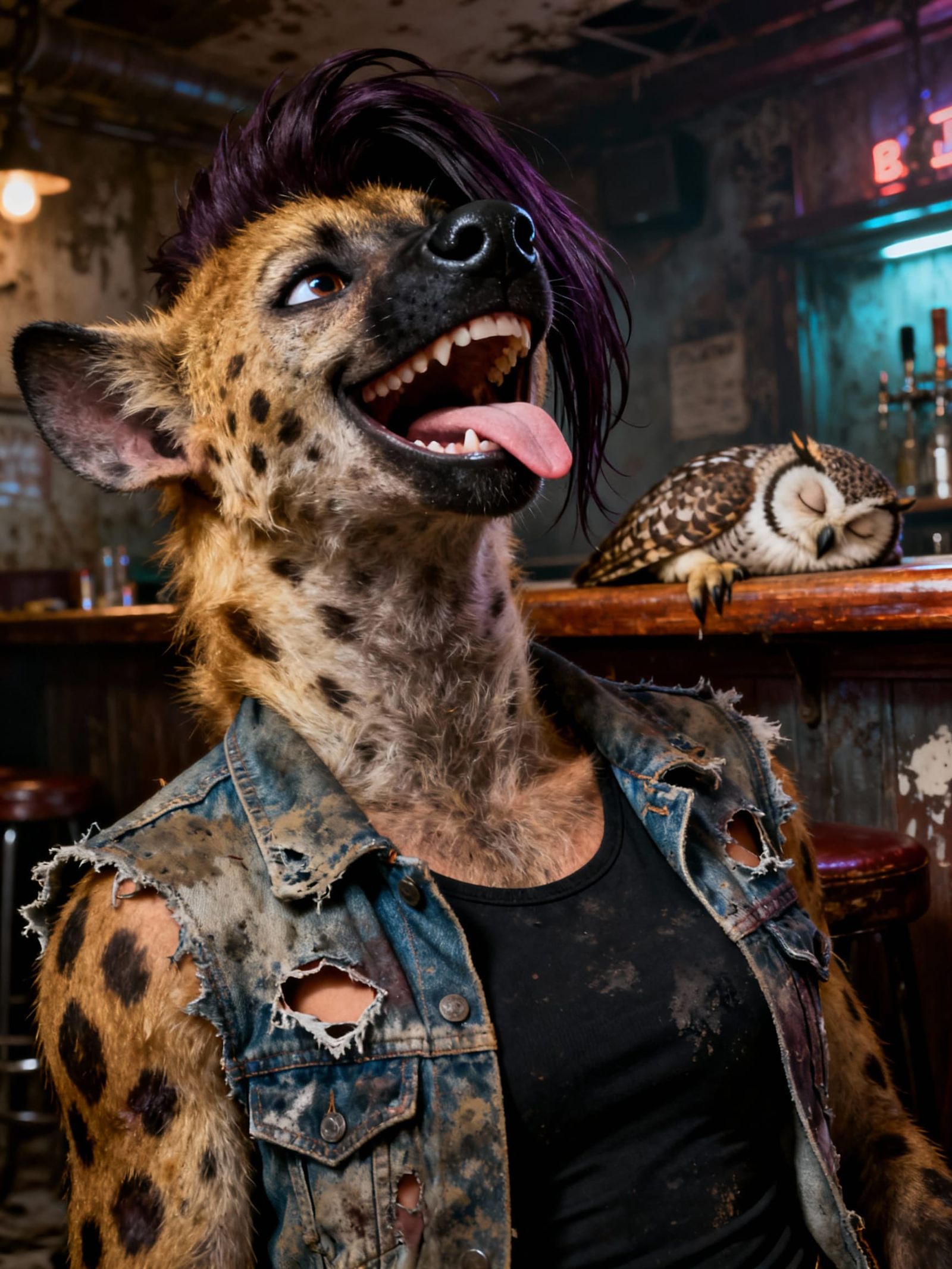 Anthropomorphic She-Hyena Laughing in Dive Bar