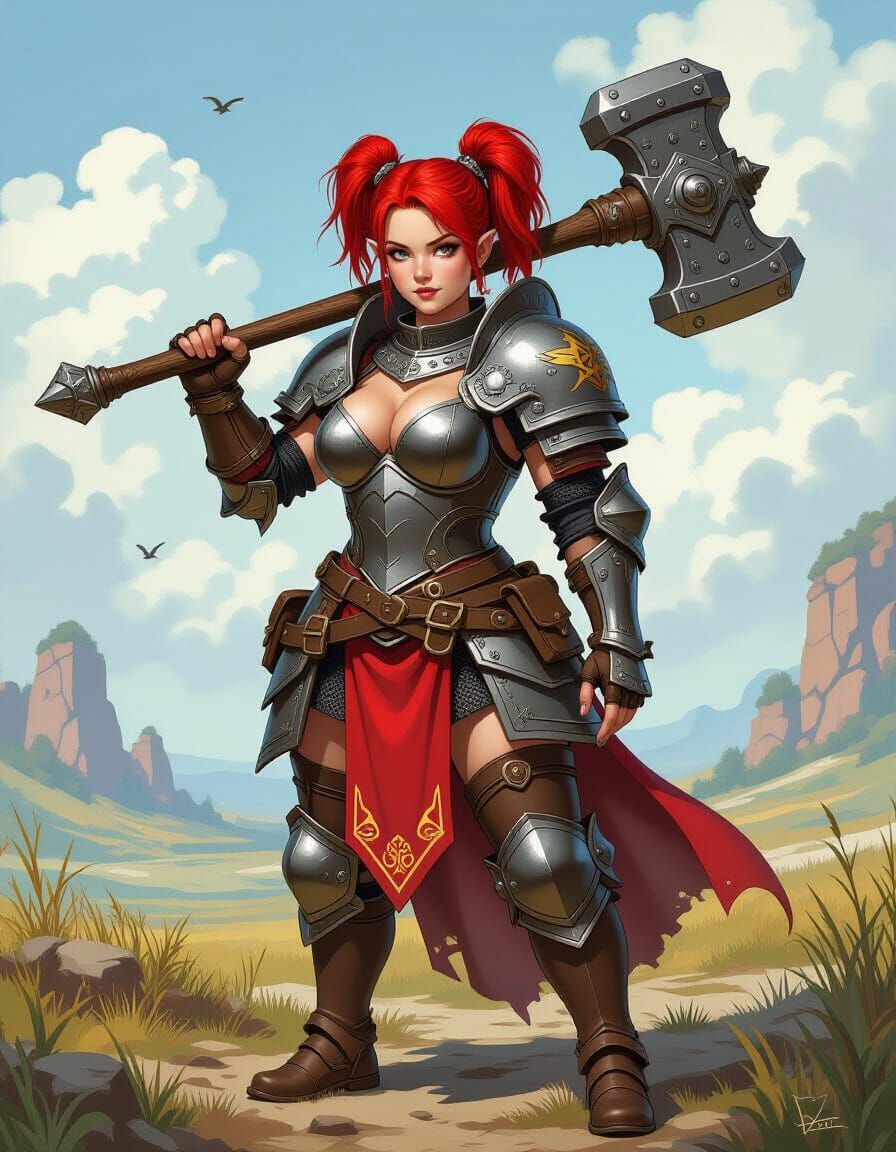 Dwarf Warrior with Warhammer in Fantasy Landscape