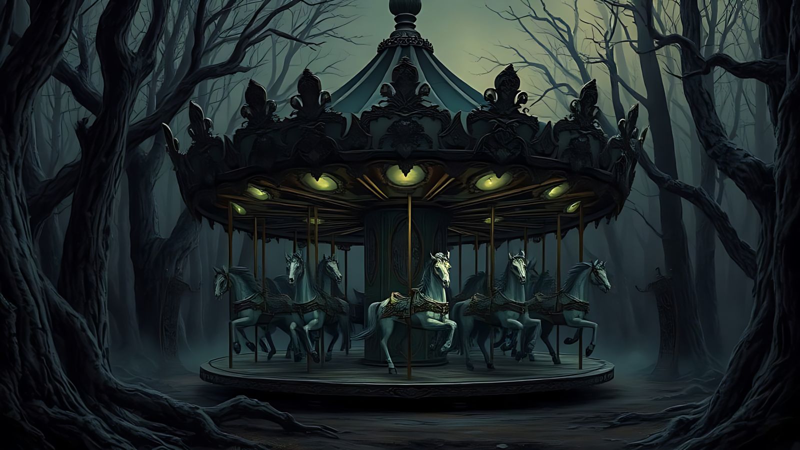 A dark fantasy carousel emerges from a dense, ancient forest...