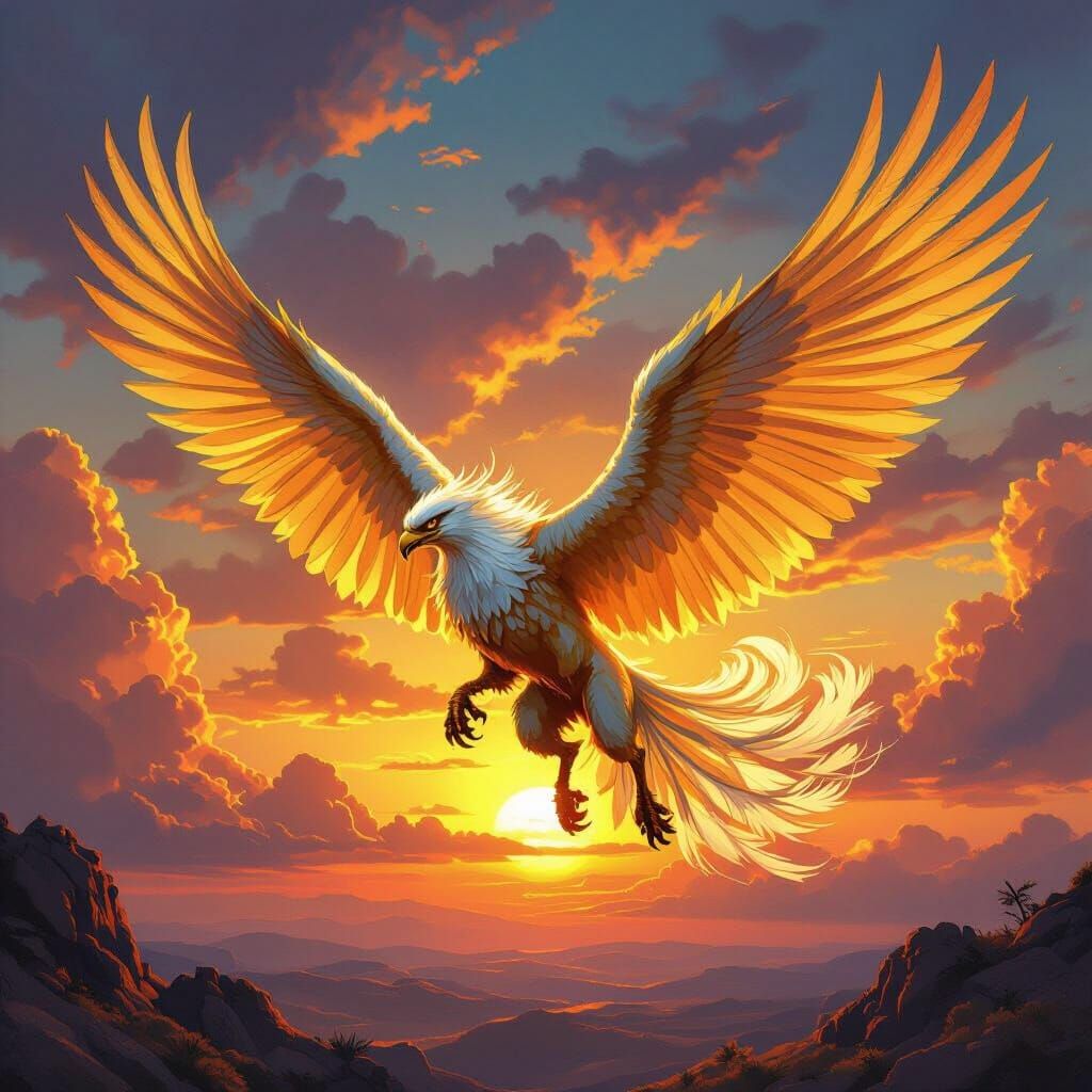 Griffin Soaring in Sunset Sky: Fantasy Art