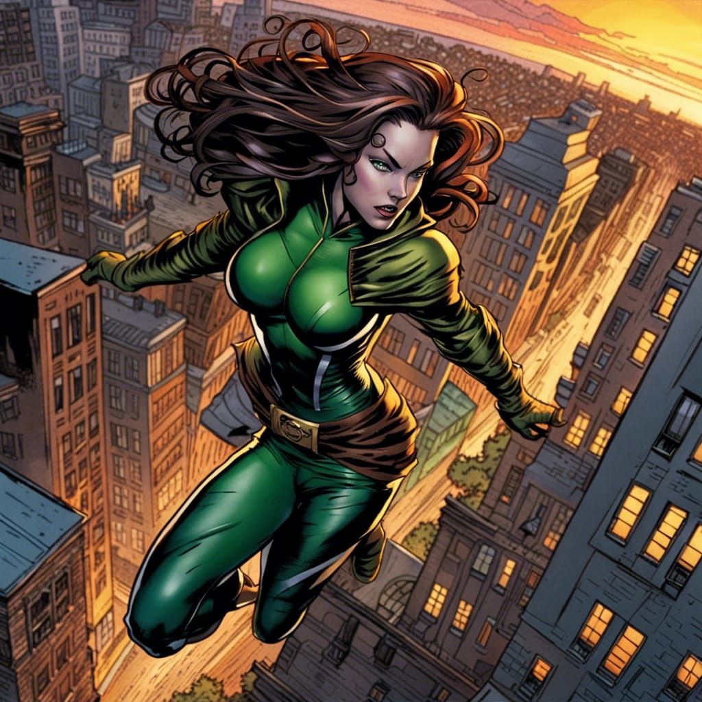 Rogue from X-Men Soaring Through City: Comic Book Art