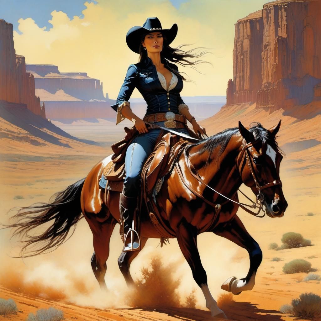 Cowgirl Rides Horse in Impasto Style