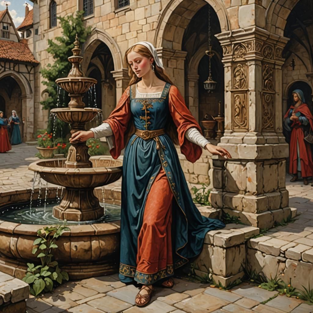 Medieval Maiden at Fountain, Painterly Digital Art