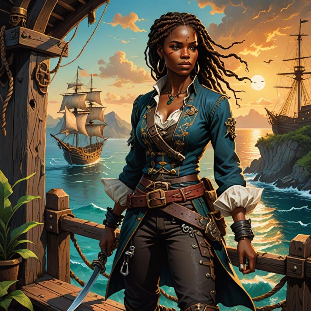 Swashbuckling Pirate Woman on Deck Illustration