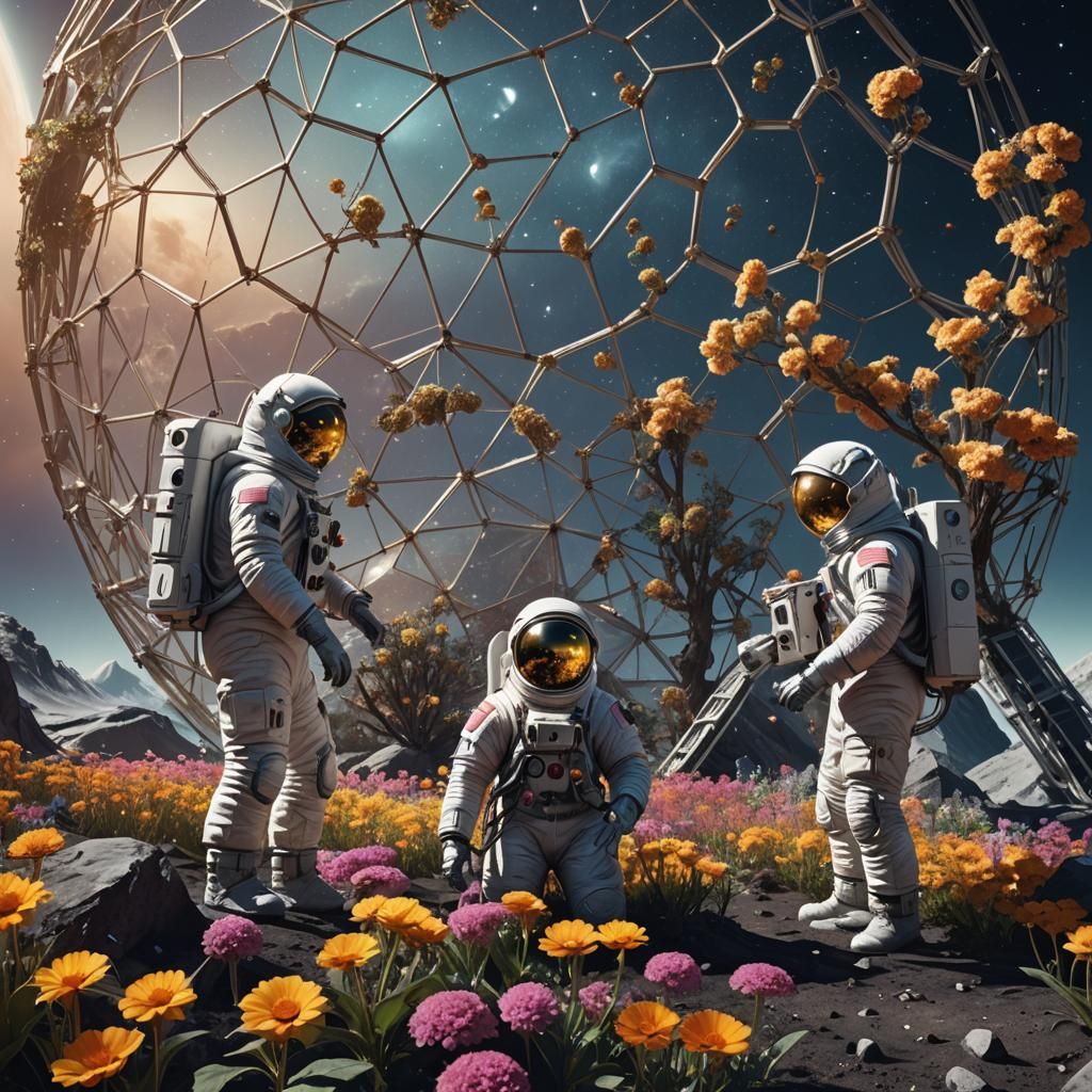 Astronauts Tend Lunar Flowers in Geodesic Dome