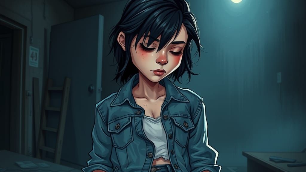 Vulnerable Girl Stands in Eerie Environment