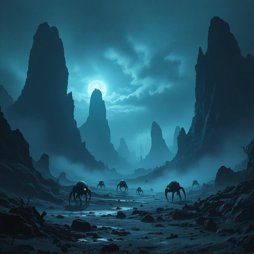 Alien Landscape with Shadow Creatures and Bioluminescence