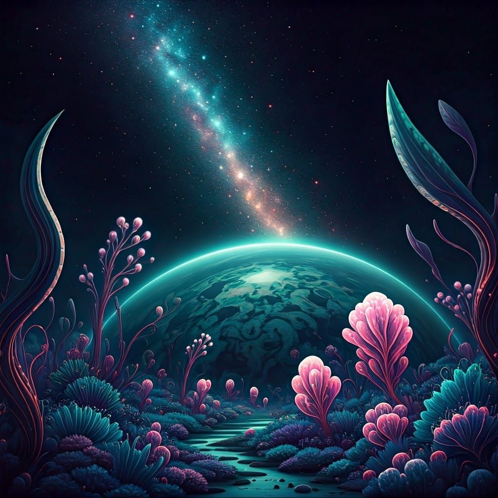 Glowing, Bioluminescent Alien World Set in a Celestial Galax...