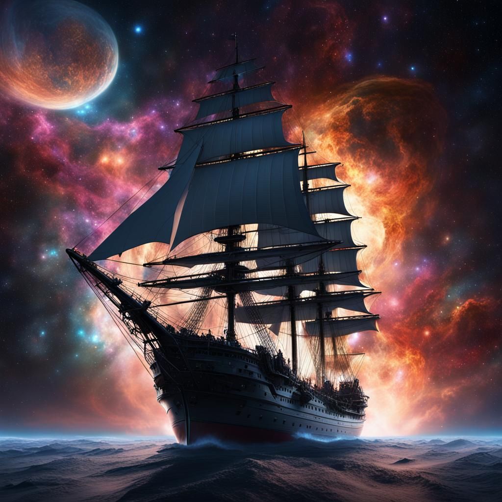Space Sailing Ship with Nebula Background