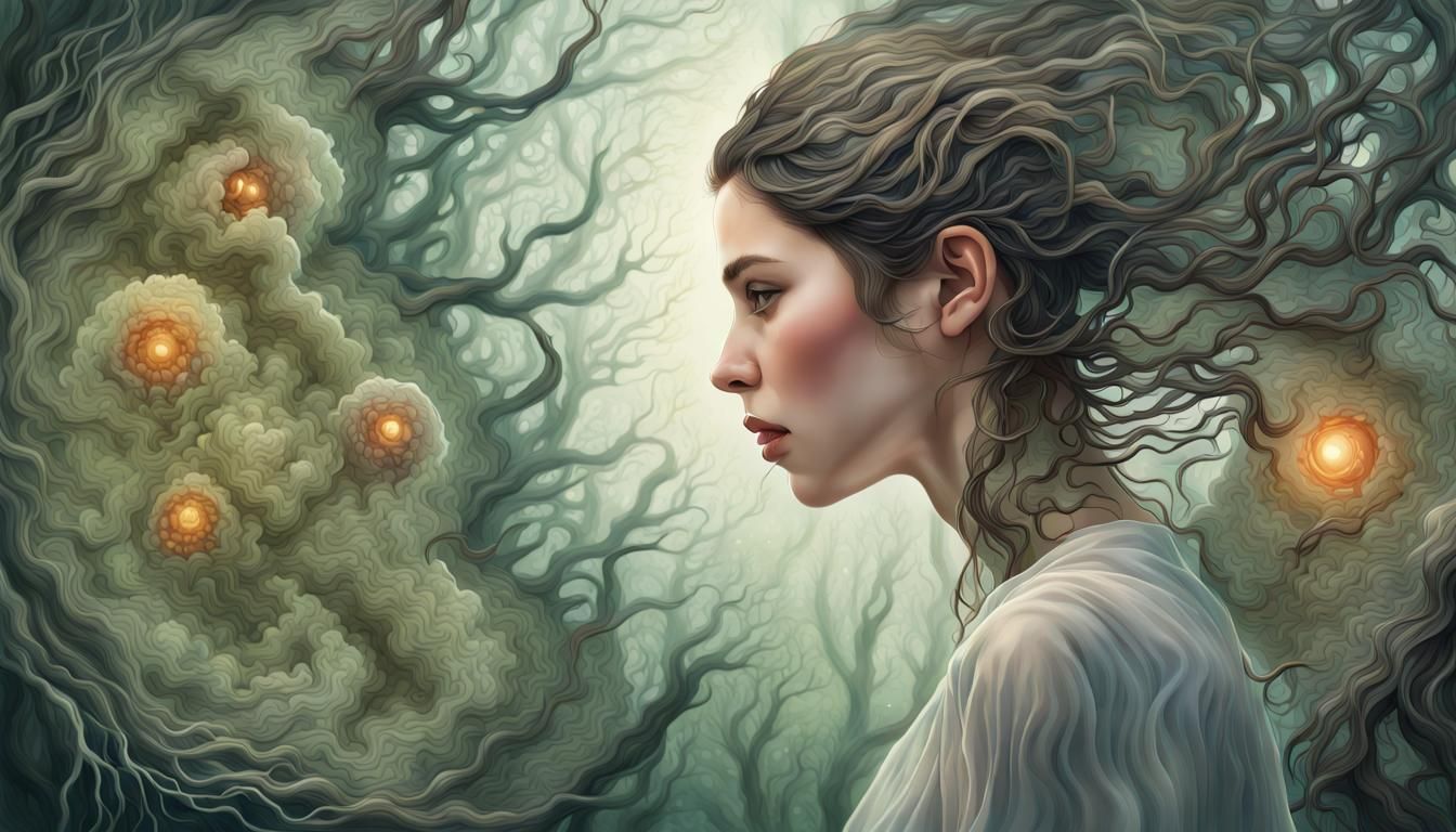 Woman Reflecting in Mycelium Network, Watercolor