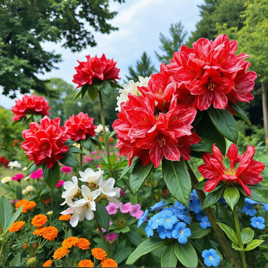 Vibrant Rhododendrons in a Lush British Garden