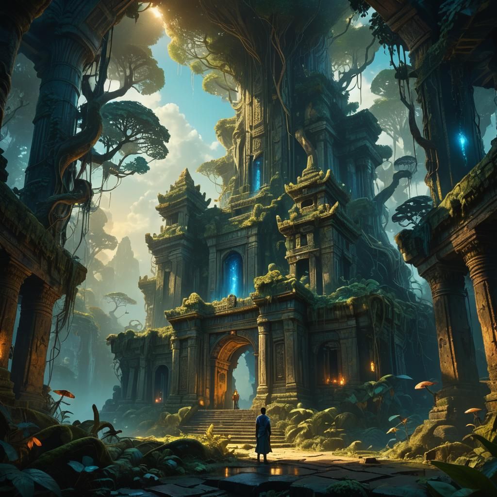 Ancient Jungle Temple with Glowing Mushrooms