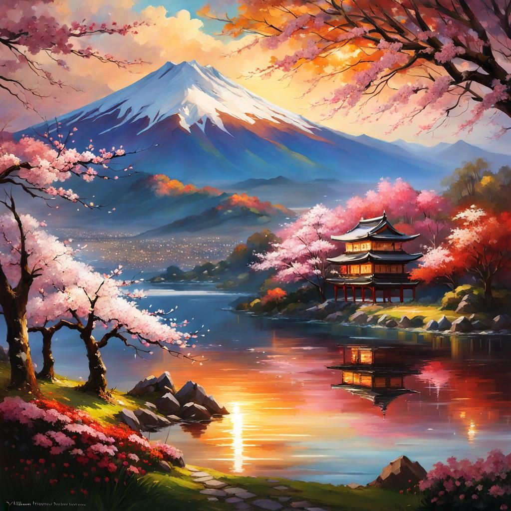 Japanese Sakura Landscape at Golden Hour