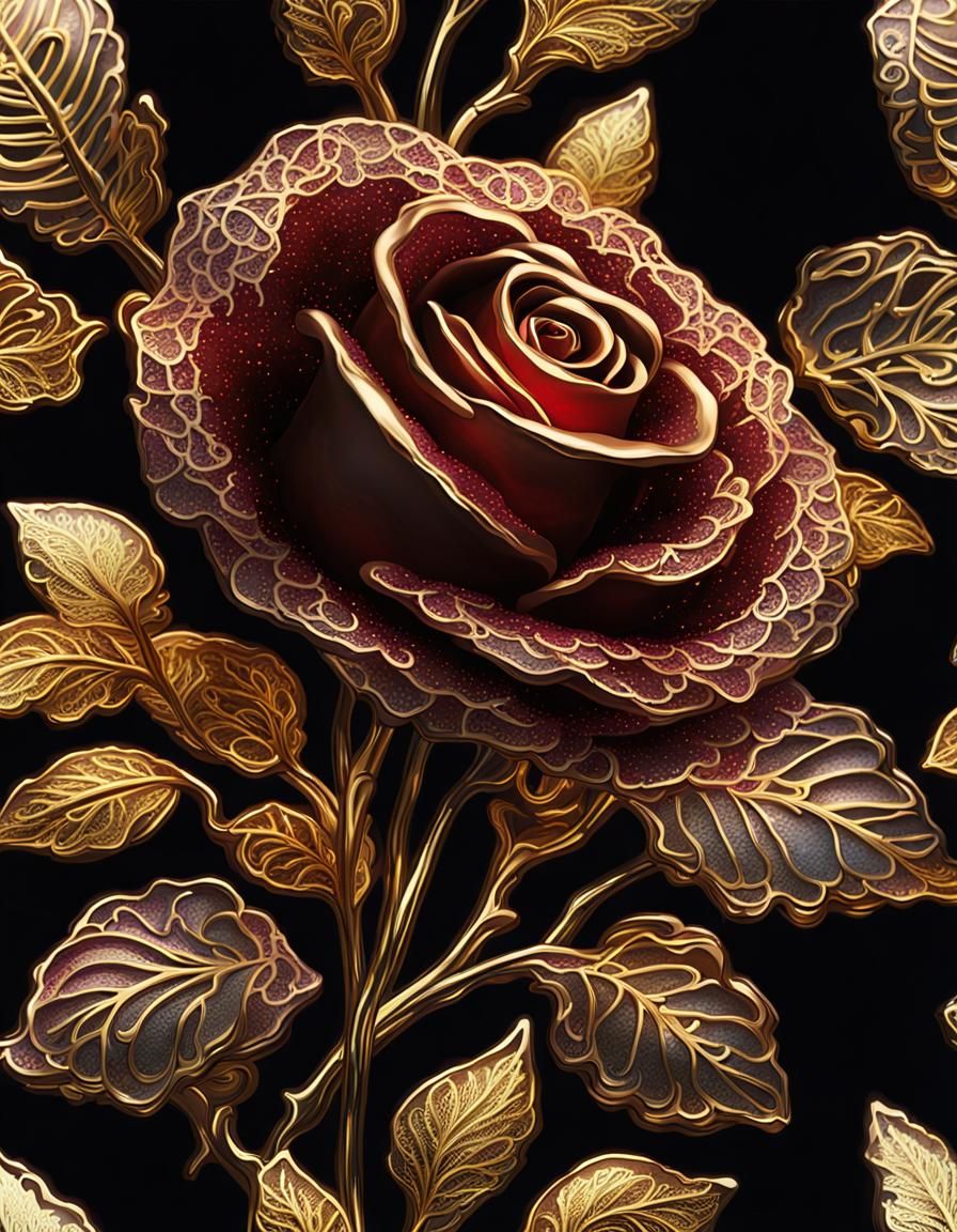 Bioluminescent Bejeweled Chocolate Rose with Gold Lace