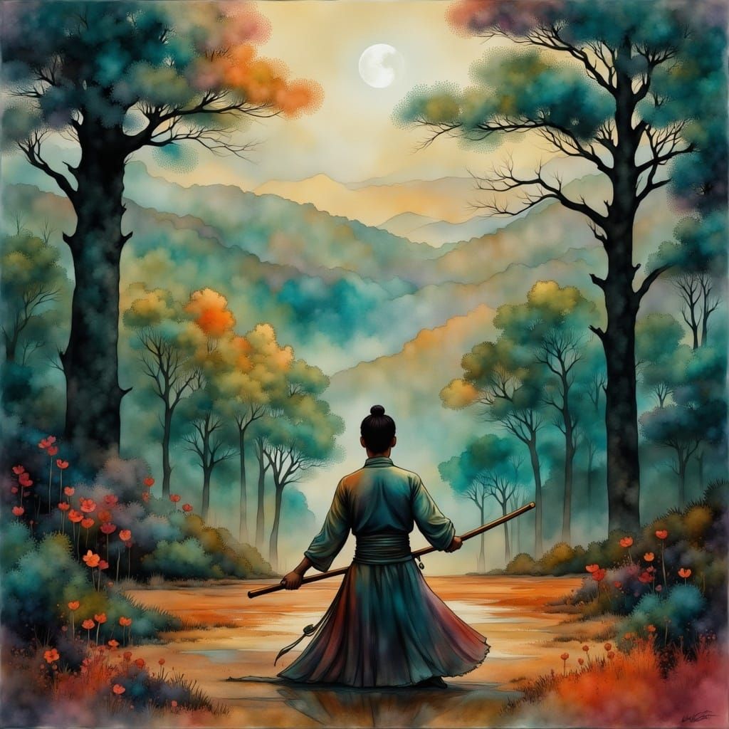 Ethereal Martial Artist Captured in Vibrant Liquid Ink Style