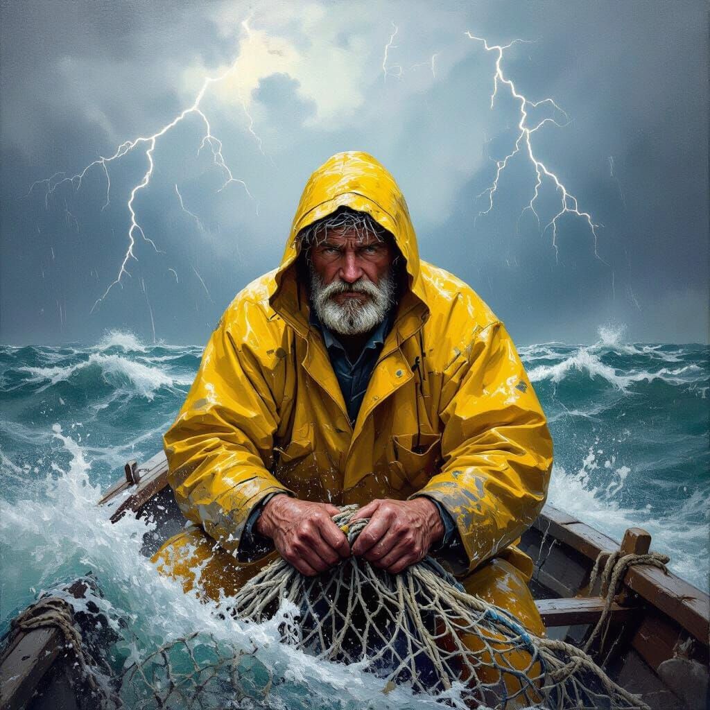 Determined Fisherman in Raging Storm Oil Painting