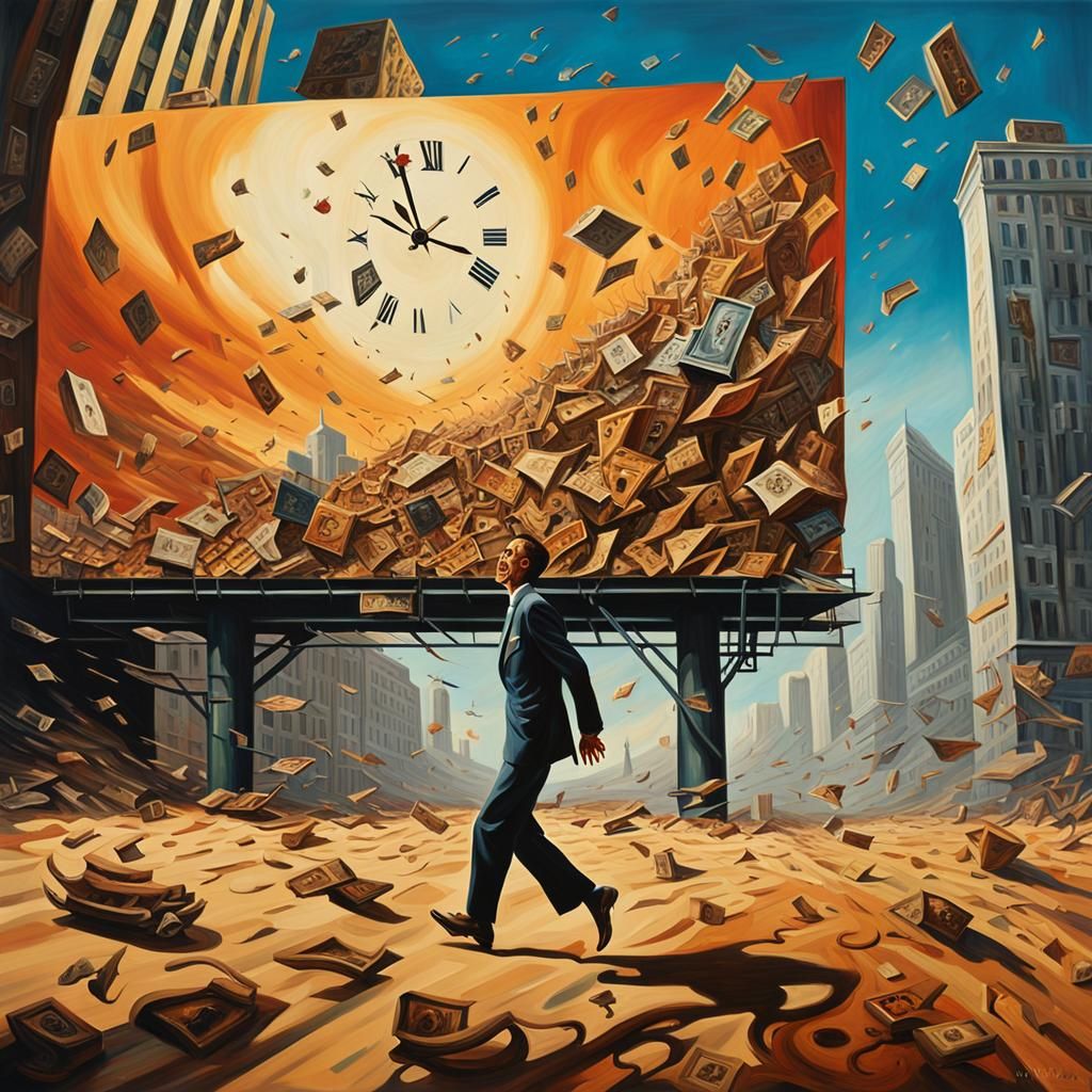 Surreal Dreamscape: Man Fleeing Deteriorating Billboard